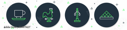 Set line Rooster weather vane, Street light, Coffee cup and Louvre museum icon. Vector