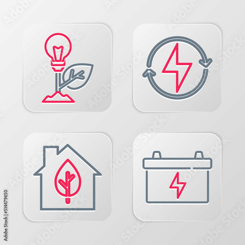Set line Car battery, Eco friendly house, Lightning bolt and bulb with leaf icon. Vector