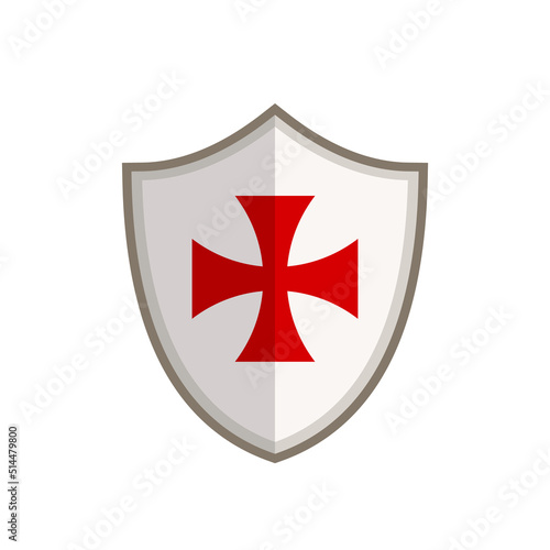 Templar shield with red cross isolated on white background. Shield of templar knights in flat style. Vector stock