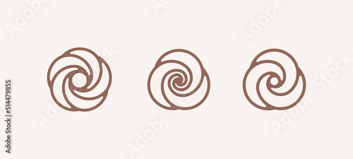 Rose flower with spiral element. Set of 3 geometric shape. Modern linear design print.  Modern abstract linear compositions and graphic design elements.