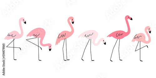 Cartoon flamingo icon set. Cute bird in different poses. Vector illustration for prints, clothing, packaging, stickers.