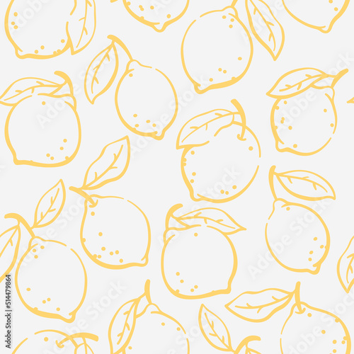 Simple illustration of lemon. Contour vector seamless pattern with fruit.