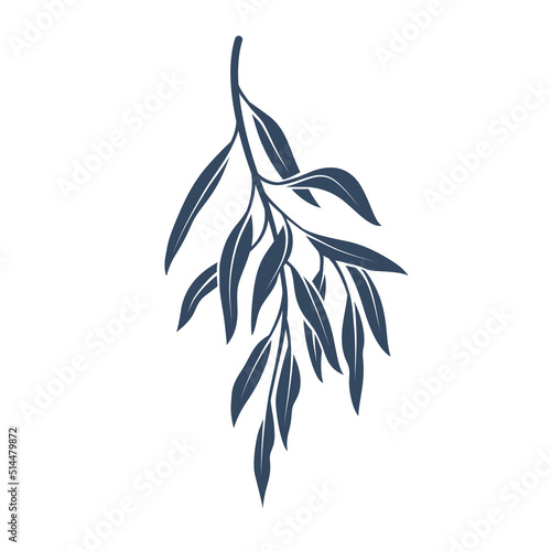 Willow branch. Illustration of green twig with leaves. Flat vector illustration.