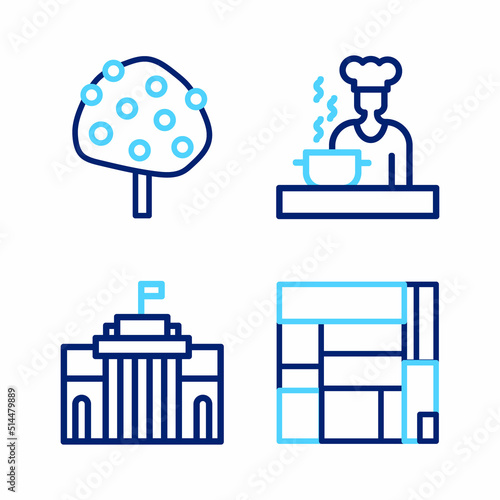 Set line House Edificio Mirador, Prado museum, Spanish cook and Orange tree icon. Vector