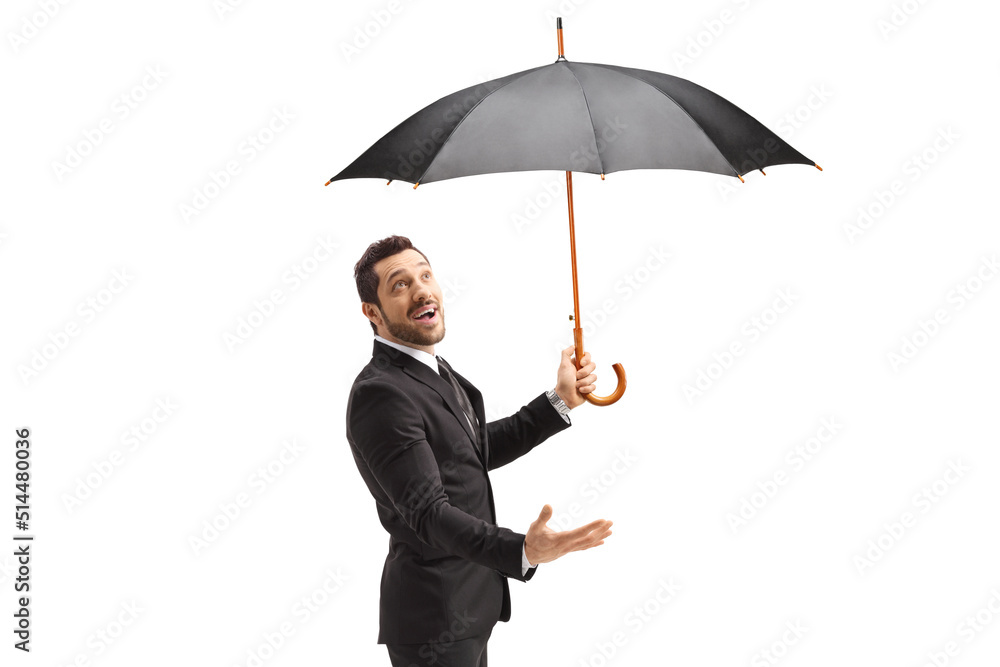 Businessman with umbrella checking weather Businessman with umbrella checking weather