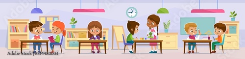 A diverse group of children, boys and girls, studying and playing in a classroom. School class or kindergarten interior with kids sitting behind desks. Cartoon style vector illustration.