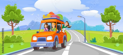 A family goes on a trip in a car. Summer vacation. Father, mother, daughter and dog on a holiday trip. Car ride on a highway with luggage on a roof. Scenic mountain view. Cartoon vector illustration.
