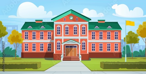 Front view of a modern educational building, school, university, library or college with a yard in the fall. Empty street near while students are studying in classes.Cartoon style vector illustration.