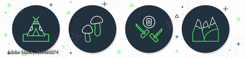 Set line Mushroom, Curling sport game, Indian teepee wigwam and Mountains icon. Vector