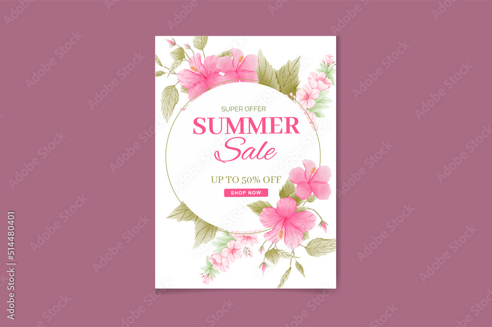 Green summer tropical background with exotic palm leaves and hibiscus pink flowers. Vector floral background. Sale banner or flyer template.