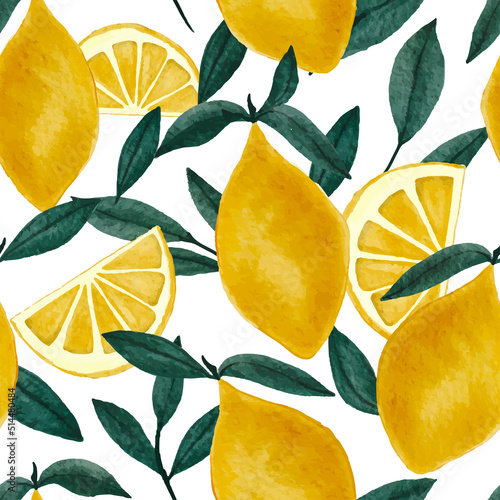 Watercolour Tropical Lemon Fruit design Seamless Pattern on white background. Hand Drawning repeat Citrus Fruit , full and cut, green branch leaves. Vector Illustration