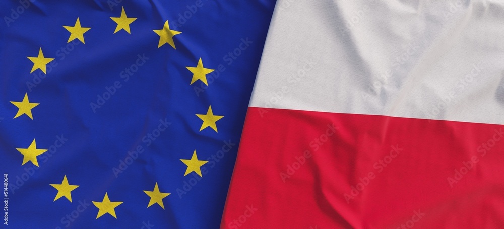 Flags of European Union and Poland. Linen flags close-up. Flag made of cloth. EU. Polish, Warsaw. National symbols. 3d illustration. - obrazy, fototapety, plakaty 