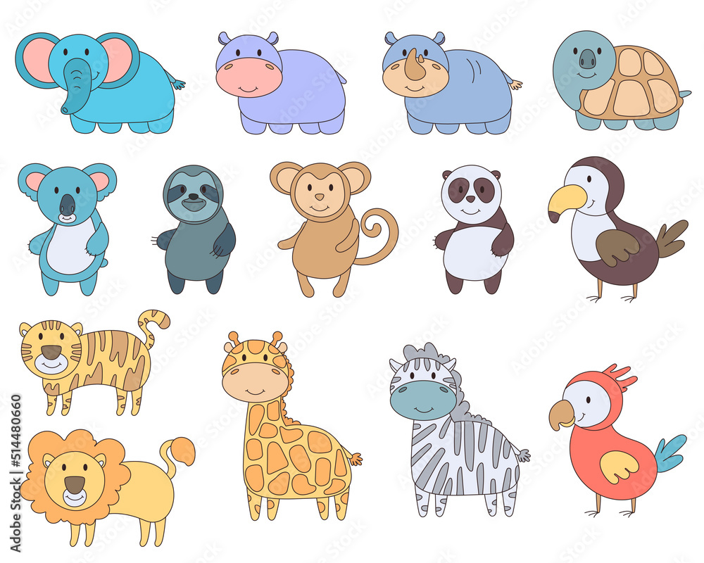 Fototapeta premium Color cute set wild safari african jungle animals. lion, giraffe, elephant, turtle, zebra, parrot, hippo, monkey, sloth, rhino, panda, tiger, panda, toucan. tropical collection doodle cartoon