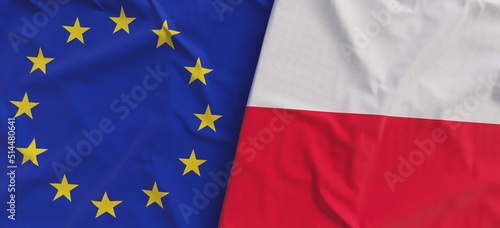 Flags of European Union and Poland. Linen flags close-up. Flag made of cloth. EU. Polish, Warsaw. National symbols. 3d illustration.