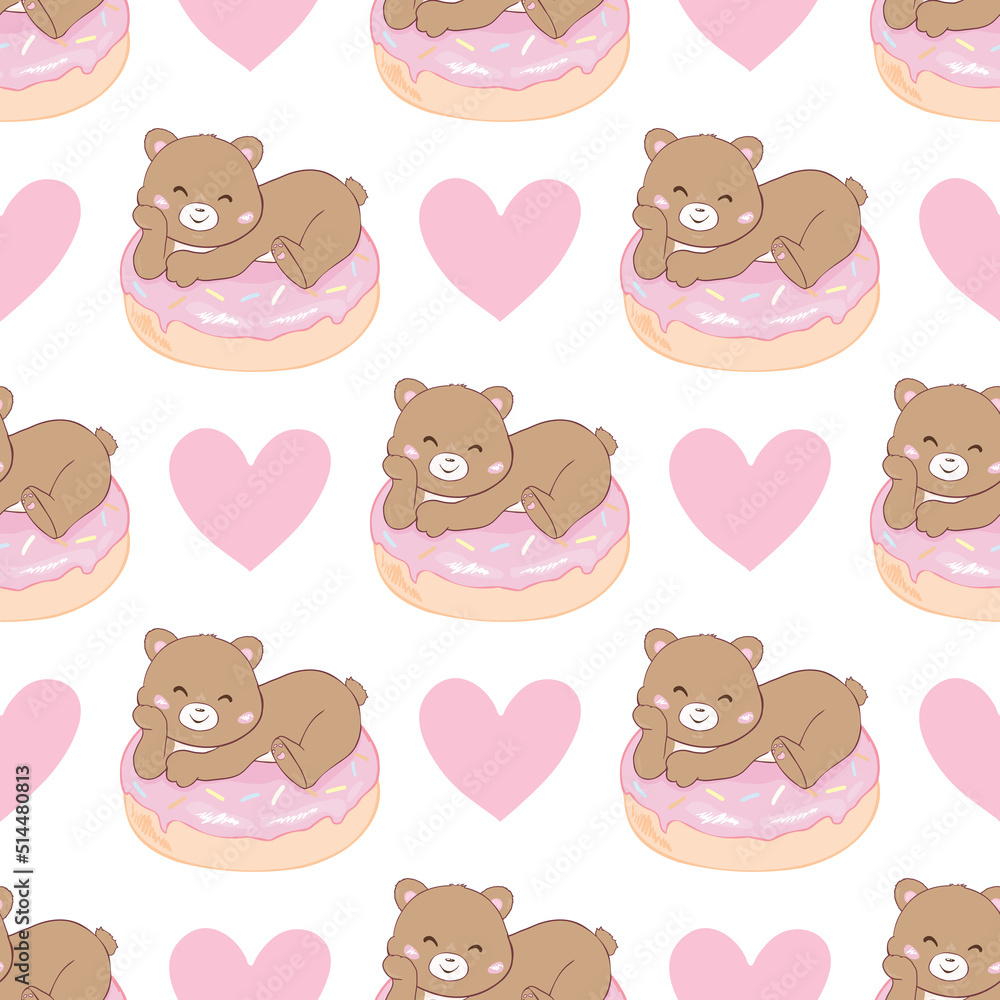 Seamless pattern with teddy bears, donuts. Hand draw lettering joy, sweet.