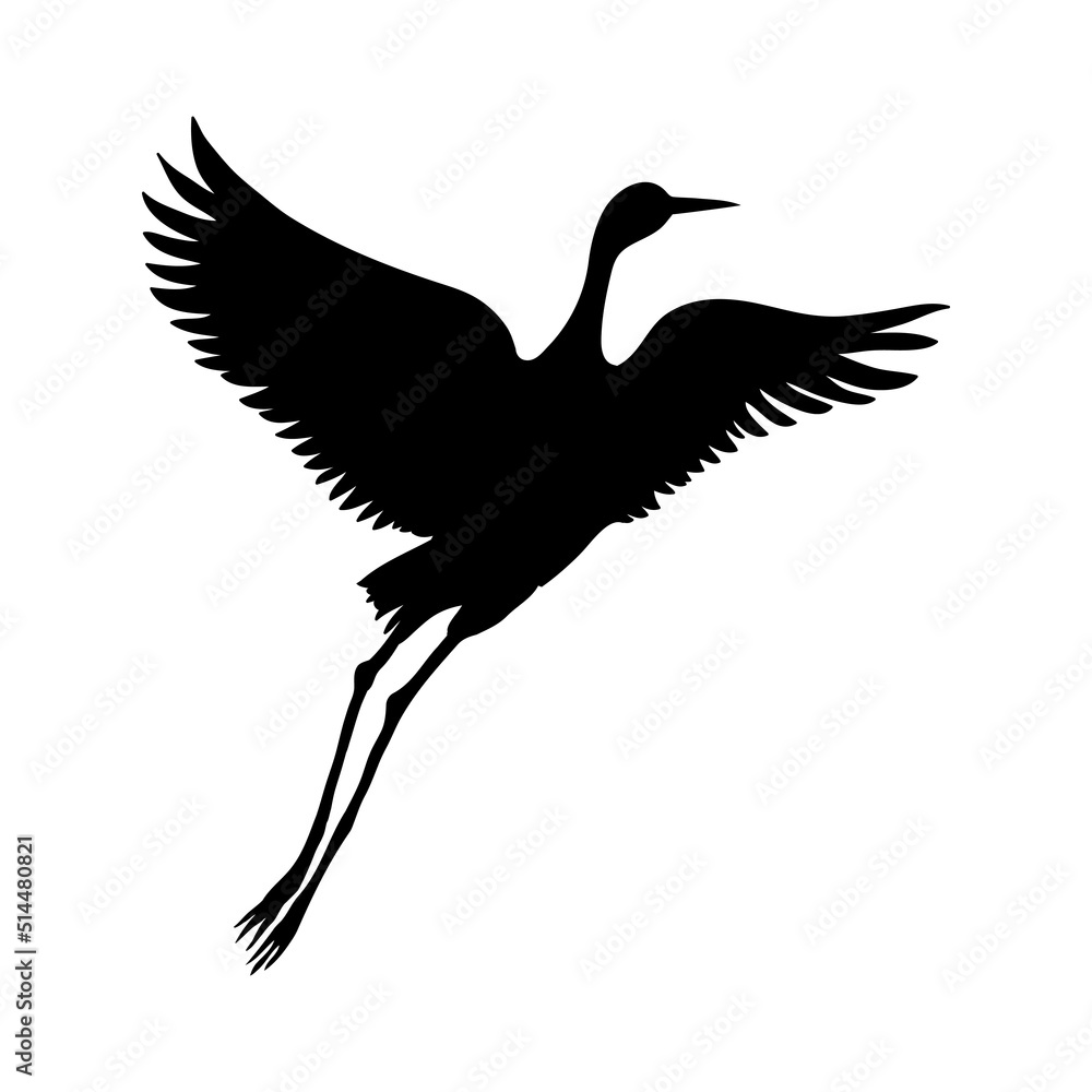 Obraz premium Silhouette or shadow black ink symbol of a crane bird or heron flying icon.
