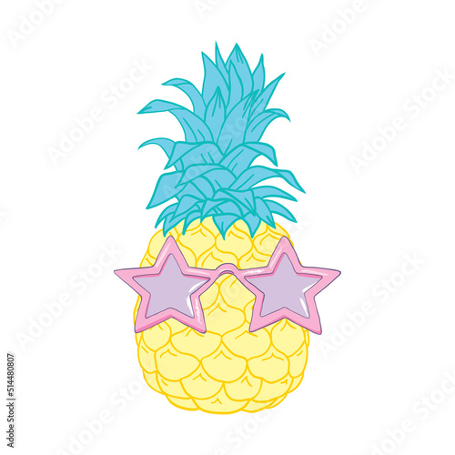 Cartoon pineapple in glasses. Fresh cute exotic fruit wear in sunglasses.