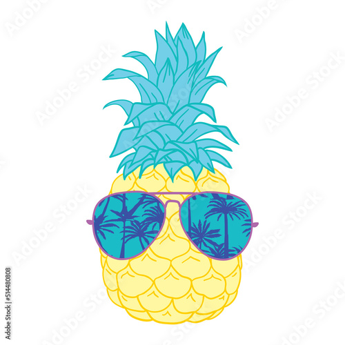 Cartoon pineapple in glasses. Fresh cute exotic fruit wear in sunglasses.