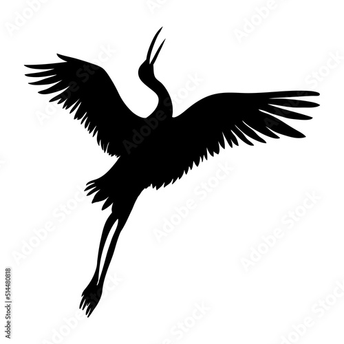 Silhouette or shadow black ink symbol of a crane bird or heron flying icon.