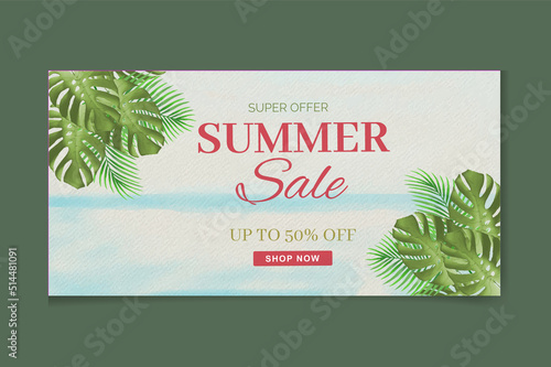 Hot summer sale  promotional banner with tropical beach exotic palm leaves, hibiscus flowers, pineapples and various plants 