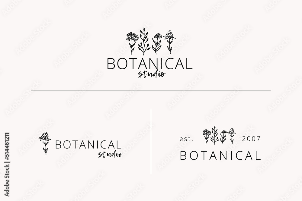 Fototapeta premium Collection Hand Drawn Logo with Wild Flower and Leaves. Logo for spa and beauty salon, boutique, organic shop, wedding, floral designer, interior, photography, cosmetic. Floral element. Vector