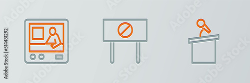Set line Stage stand or tribune, Television report and Protest icon. Vector