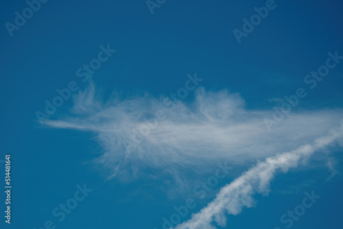 feathery clouds and vapor trail at the blue sky