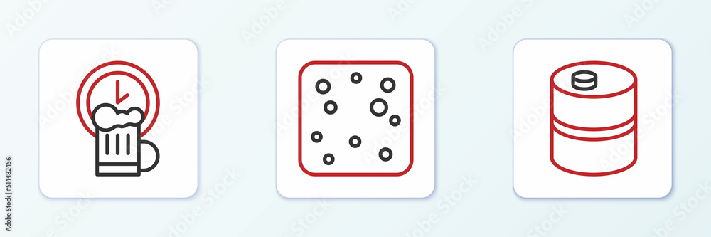 Set line Metal beer keg, Happy hour and Beer bubbles icon. Vector Set line Metal beer keg, Happy hour and Beer bubbles icon. Vector