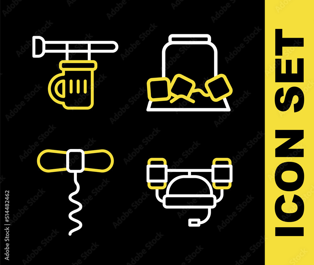 Set line Cold beer can, Beer helmet, Wine corkscrew and Signboard with glass of icon. Vector Set line Cold beer can, Beer helmet, Wine corkscrew and Signboard with glass of icon. Vector