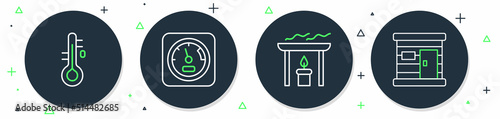 Set line Sauna thermometer, Aroma candle, and wooden bathhouse icon. Vector