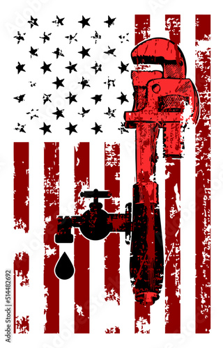 Illustration of an American plumber flag. Wrench viewed from the side and water tap with drop with usa stars and stripes flag in the background done in retro.
