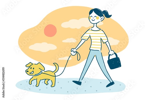 夕方　犬の散歩　アスファルト　熱中症　イラスト