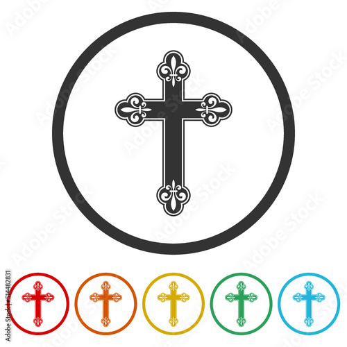 Fleur de lis cross icons in color circle buttons