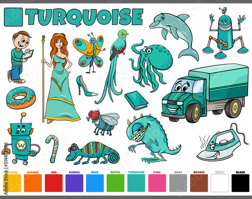 set with cartoon characters and objects in turquoise