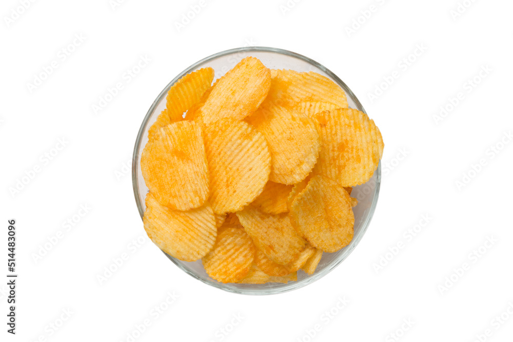 delicious Potato chips in bowl isolated on white background, Flat lay Top view delicious Potato chips in bowl isolated on white background, Flat lay Top view