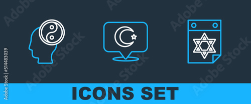 Set line Jewish calendar, Yin Yang and Star and crescent icon. Vector