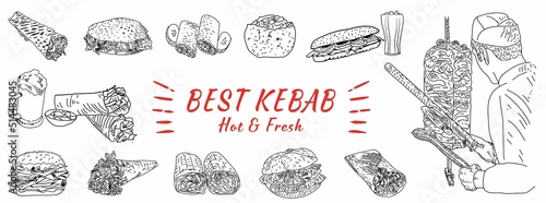 Hand drawn vector illustration. Shawarma cooking and ingredients for kebab. Doner kebab hand drawn. Fast food menu design elements. Restaurant cafe menu, template design. Vector.