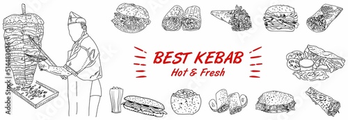 Hand drawn vector illustration. Shawarma cooking and ingredients for kebab. Doner kebab hand drawn. Fast food menu design elements. Restaurant cafe menu, template design. Vector.