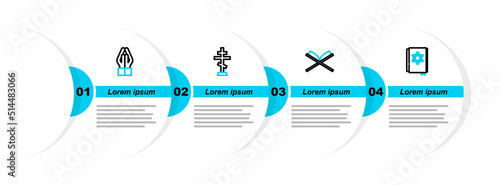 Set line Jewish torah book, Holy of Koran, Christian cross and Hands in praying position icon. Vector
