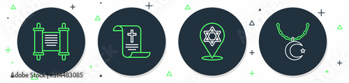 Set line Decree, paper, parchment, scroll, Star of David, and and crescent on chain icon. Vector