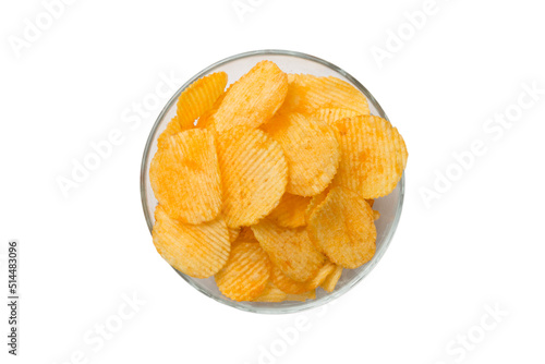 delicious Potato chips in bowl isolated on white background, Flat lay Top view