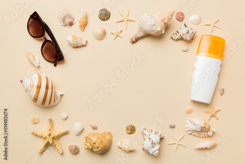 Summer time concept on colored background. Seashells from ocean shore in the shape of frame separated with space for text top view