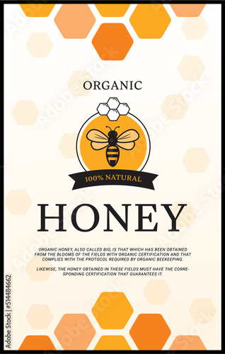 Honeycombs with honey, and a symbolic simplified image of a bee as a design element on a textural background.