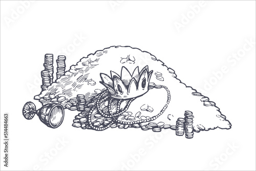 Vector vintage hand drawn illustration of ancient treasure. Sketch of a mountain of gold with crown and royal jewels.