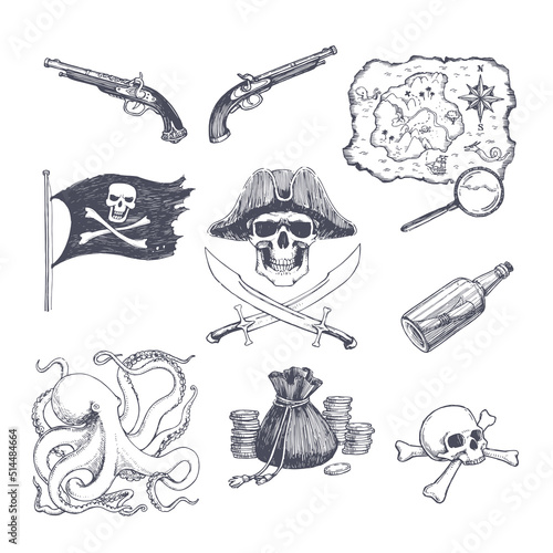 Set of vector hand drawn illustrations of pirate attributes. Collection of sketches with Jolly Roger, flag, map of island of treasure, skull with bones and other symbols of piracy. photo