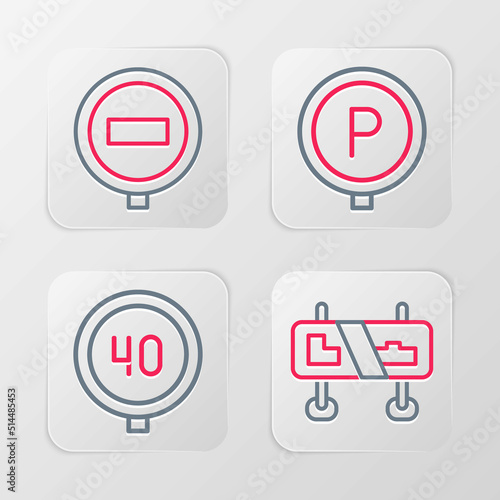 Set line Road traffic sign, Speed limit, Parking and Stop icon. Vector