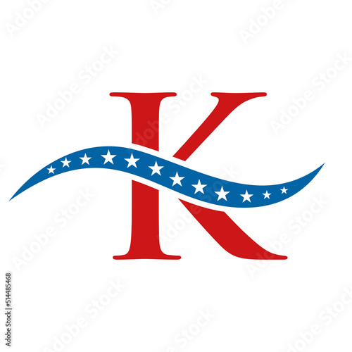 Letter K America Logo USA Flag. Patriotic American Business Logo Design On Letter K Template