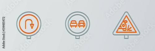 Set line Warning road sign, Turn back and No overtaking traffic icon. Vector