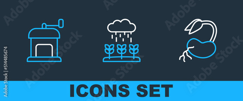 Set line Sprout, Manual coffee grinder and Plant sprouts grow the rain icon. Vector