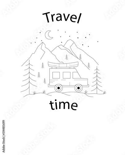 monolinear illustration "travel time" with a car that stopped in the mountains for the night, a boat on top of the car, a forest of fir trees around